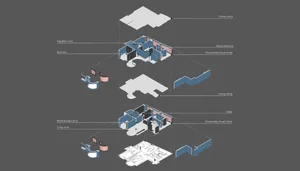 3D rendering of a modern apartment layout with various rooms labeled.