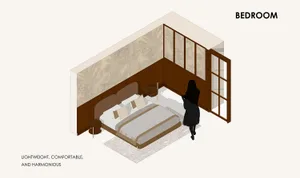 A bedroom with a modern design featuring a brown textured wall, wooden furniture, and glass windows.