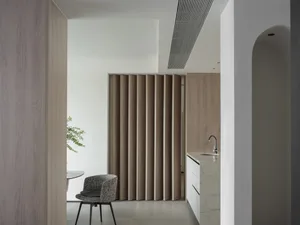 A modern interior design featuring wooden elements