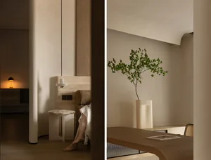 A modern residential space featuring organic textures and minimalist design.