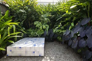 A minimalist outdoor seating area with white tiles featuring blue designs, surrounded by lush green foliage.