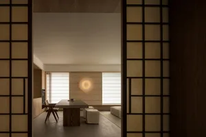 A minimalist residential interior with wooden walls, concrete floor, and fabric seating.