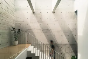 A modern concrete staircase with glass railing and sunlight streaming through the windows.