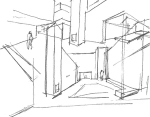 Sketch of an industrial working space with concrete walls and steel beams
