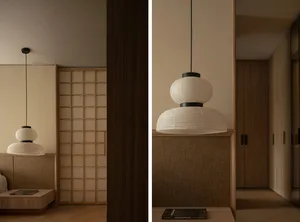 Modern Japanese-style bedroom with hanging paper lantern lights.