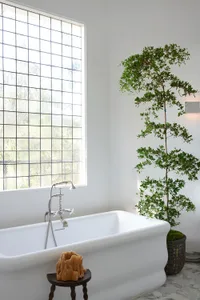 Modern bathroom with a white porcelain tub, green plants, and a window with grid glass.