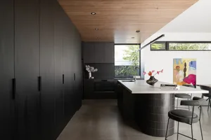 An elegant modern kitchen featuring black stainless steel appliances and concrete countertops.