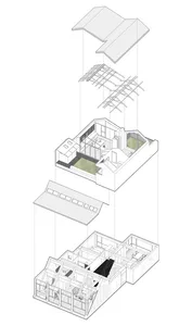 Sectional view of a modern interior space featuring glass walls, black and white color palette, and a modern design aesthetic