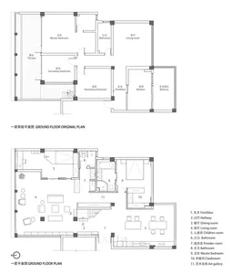 Floor plan diagram for a modern interior design showing rooms such as kitchen, living room, and bedroom.