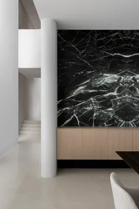 Modern living room featuring black marble walls and a sleek black piano.