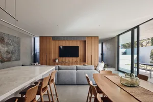 Modern minimalist living room with a wooden centerpiece and gray sofa.