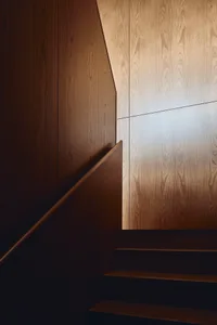 Modern interior design featuring a wooden staircase