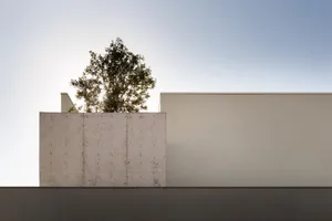 A minimalist architectural wall with concrete and steel elements, featuring a tree growing on top.