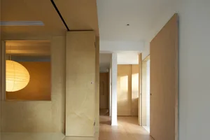 Modern corridor featuring wooden paneling and light fixture