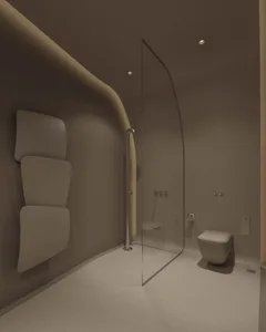 A modern minimalist bathroom with glass curved walls and a sleek shower area.