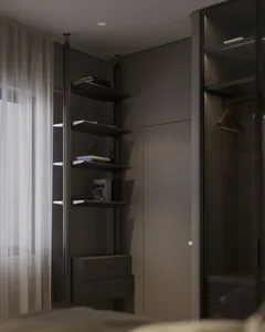 Minimalist bedroom designed in brown tones with metal and glass bedside tables.
