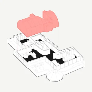 3D architectural drawing of a modern interior with a red roof structure