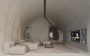 Modern living room with minimalist design, concrete walls, and leather furniture.