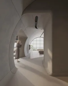 A modern, patterned concrete corridor with curved walls and a large arched window.