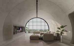A modern residential interior with a curved concrete ceiling, large circular window, and minimalist furniture.