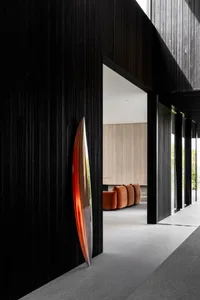 Modern residential entrance featuring a metallic ornament on a black wooden wall.