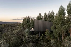 A modern home with a metal-clad exterior, surrounded by trees.
