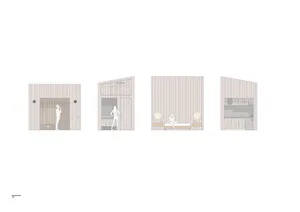 Cross-sectional views of a modern living space with wooden walls and a triangular ceiling.