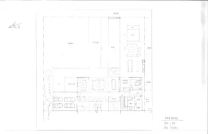 Schematic rendering of a residential floor plan featuring garden, swimming pool, and various rooms.