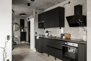 A contemporary kitchen with black cabinets, concrete walls, and wood accents, featuring a modern kitchen sink, open floor pla