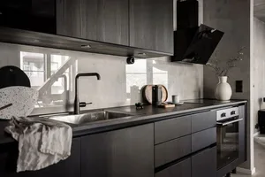 Kitchen with black wooden cabinets and a concrete backsplash.