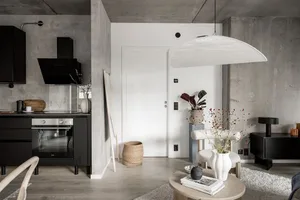 A modern, minimalist residential kitchen with concrete walls, wooden floors, and black accents.