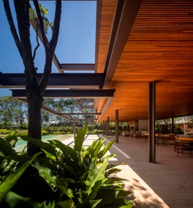 Modern residential patio with concrete and wood features