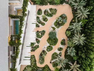 A modern garden featuring gravel pathways and succulent plants.