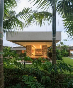 A modern house with concrete and stone materials.