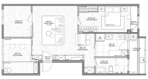 A detailed 2D architectural drawing of a modern living room layout.
