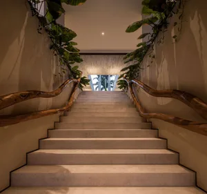 Staircase made of concrete and adorned with wooden railings and climbing greenery.