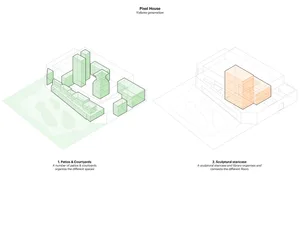 An architectural rendering of a pixelated house with a concrete structure and patios.