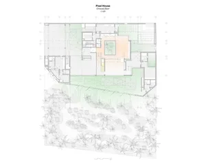A 2D architectural drawing of Pixel House's ground floor plan, showing a layout of rooms and spaces.