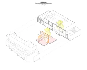 Wireframe rendering of a Pixel House showing architectural layout and design