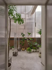 現代溫室室內擺放各種盆栽植物，搭配玻璃牆與吊燈。