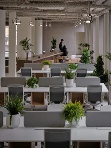 An industrial-style workspace with concrete features and office furniture.