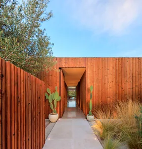 A modern exterior pathway surrounded by wooden panels and greenery leading to an entrance.