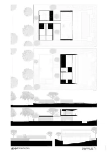 2D architectural drawing of a modern house with rendered exterior and interior views.