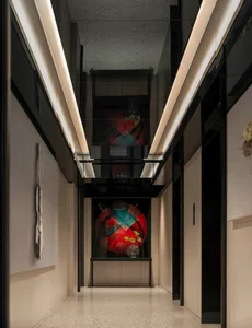 Modern interior design featuring glass walls, white panels, and a terrazzo floor in a corridor setting.