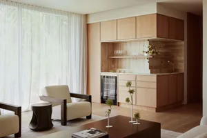 Modern living room with wooden furniture and minimalist decor, featuring a comfortable seating area, a kitchenette with stora