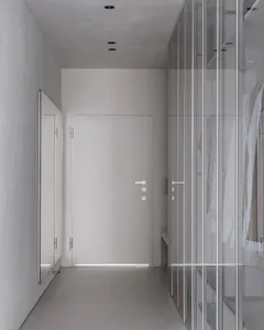 A minimalist interior design featuring a concrete entryway with glass closet doors.