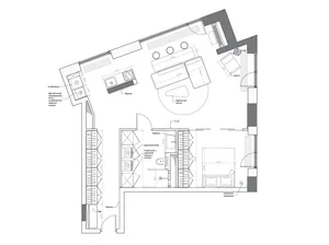 A detailed 2D architectural drawing of a modern apartment layout with dimensions and labels indicating various functional zon
