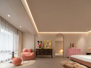 A modern bedroom with concrete walls, minimalistic furniture, and a pink chair and ottoman.