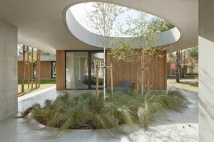 Modern interior space with concrete walls and floor, circular skylight, and greenery.