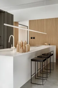 Modern minimalist kitchen featuring white surfaces and wooden elements.